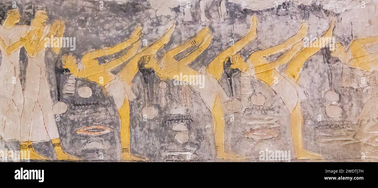 Egypt, Saqqara, tomb of Mehu, hathoric dance, and people clapping their hands. Stock Photo
