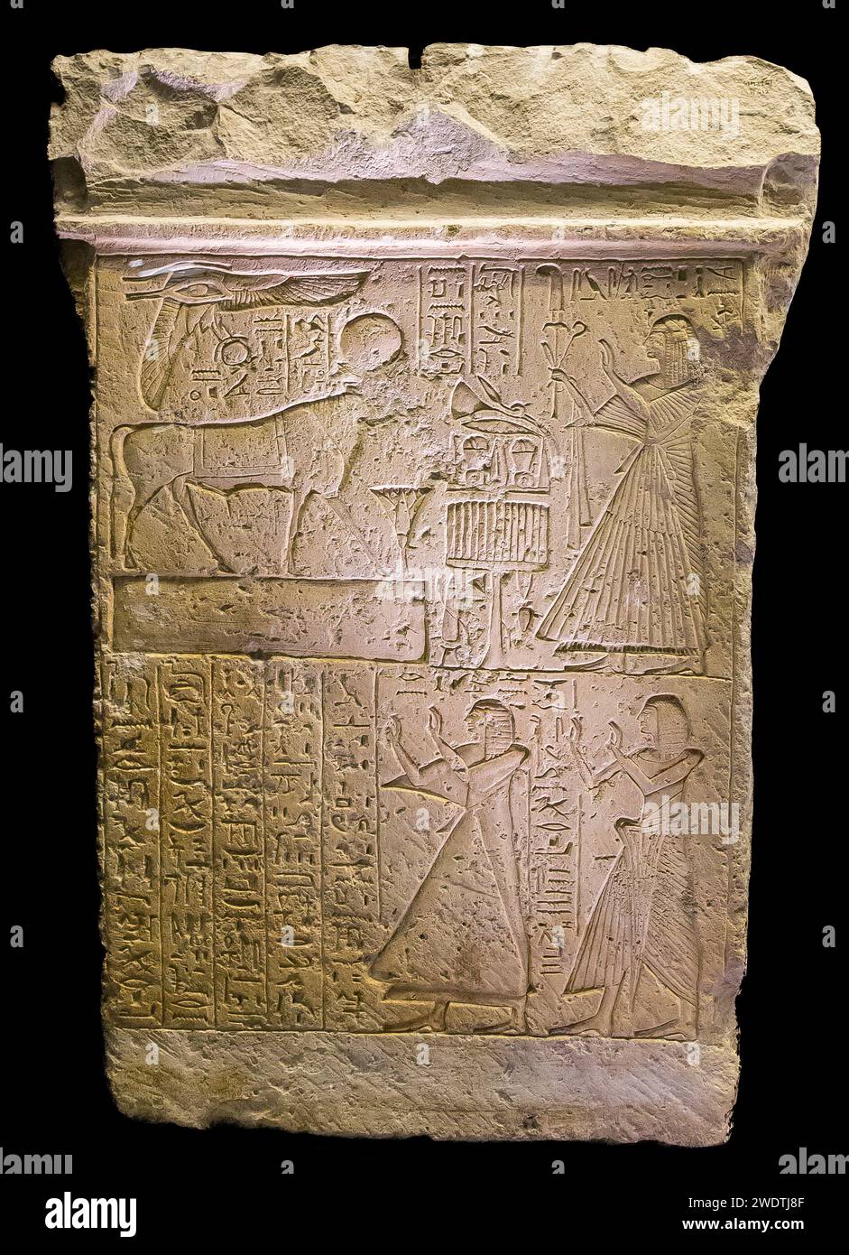 Egypt, Saqqara, Serapeum, bull Apis stele with the prince Merenptah. Stock Photo
