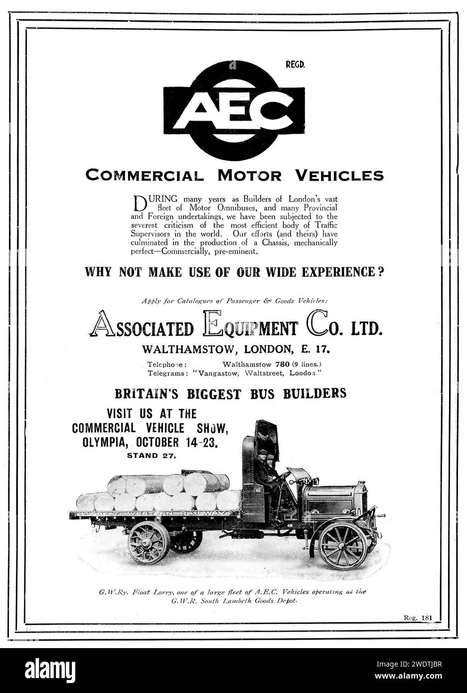 A vintage AEC Commercial vehicle lorry advert from Great Western Railway Magazine Stock Photo