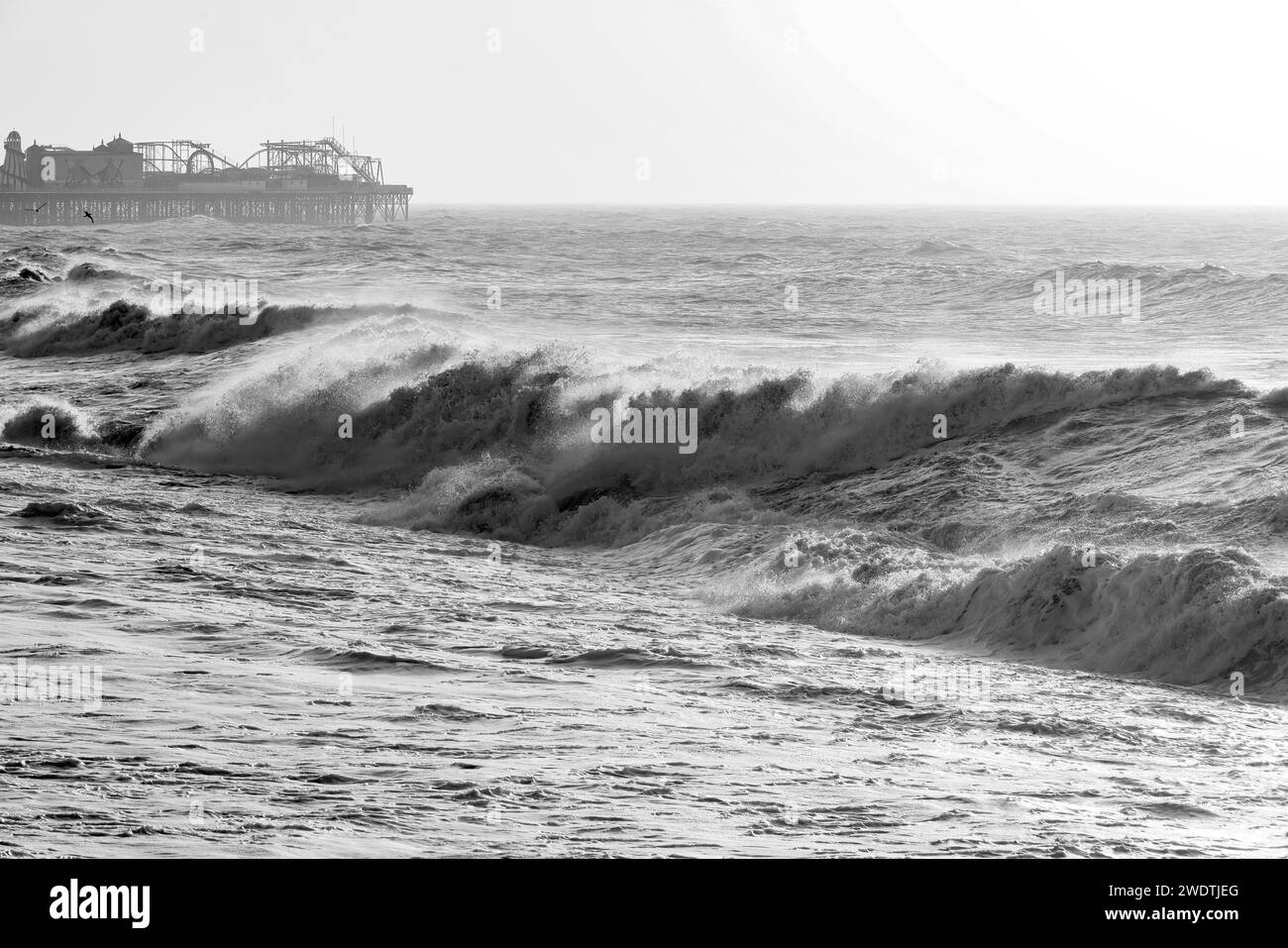 Brighton Beach , City of Brighton & Hove, East Sussex, UK. The Brighton Beach battered by Storm Isha at high tide of Storm Isha hitting the south coast at Brighton & Hove. 22nd January 2024. David Smith/Alamy Live News Stock Photo