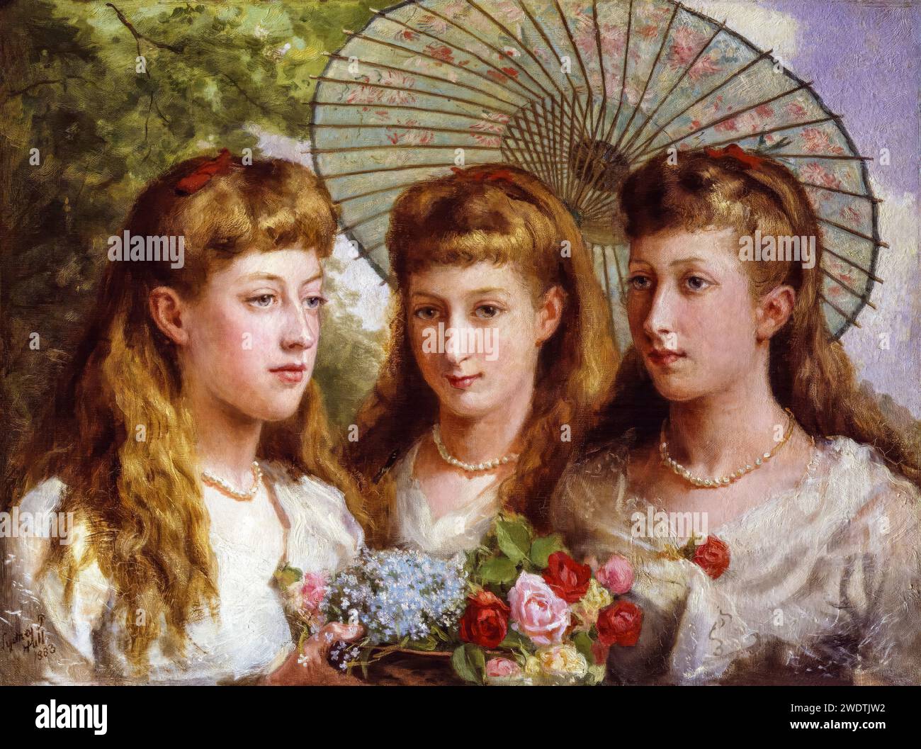 The three daughters of King Edward VII and Queen Alexandra, portrait painting in oil on canvas by Sydney Prior Hall, 1883 Stock Photo