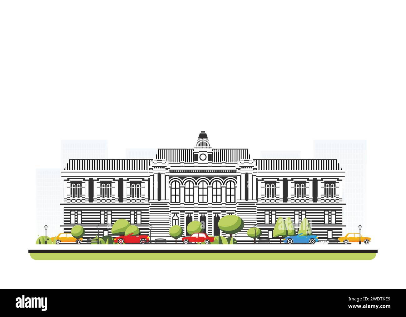 City hall building in flat style with trees and cars. Vector illustration. City scene isolated on white background. Urban architecture. Stock Vector