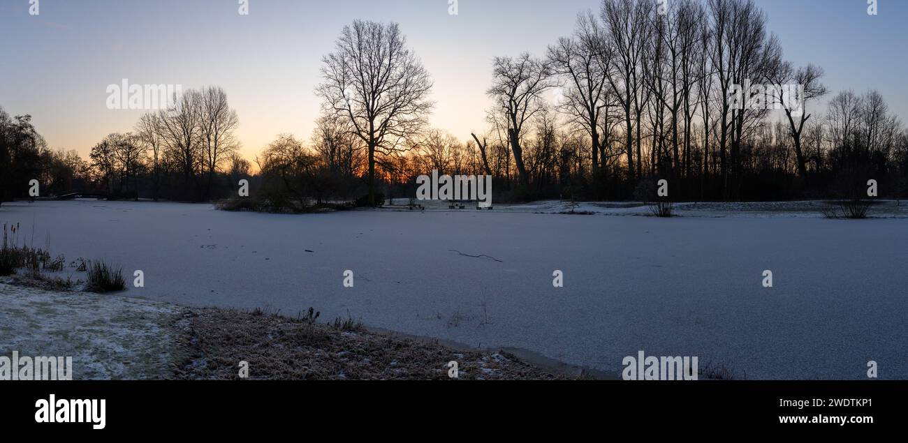 A scenic sunrise over a snow-covered pond and leafless trees. Deurne, Belgium Stock Photo