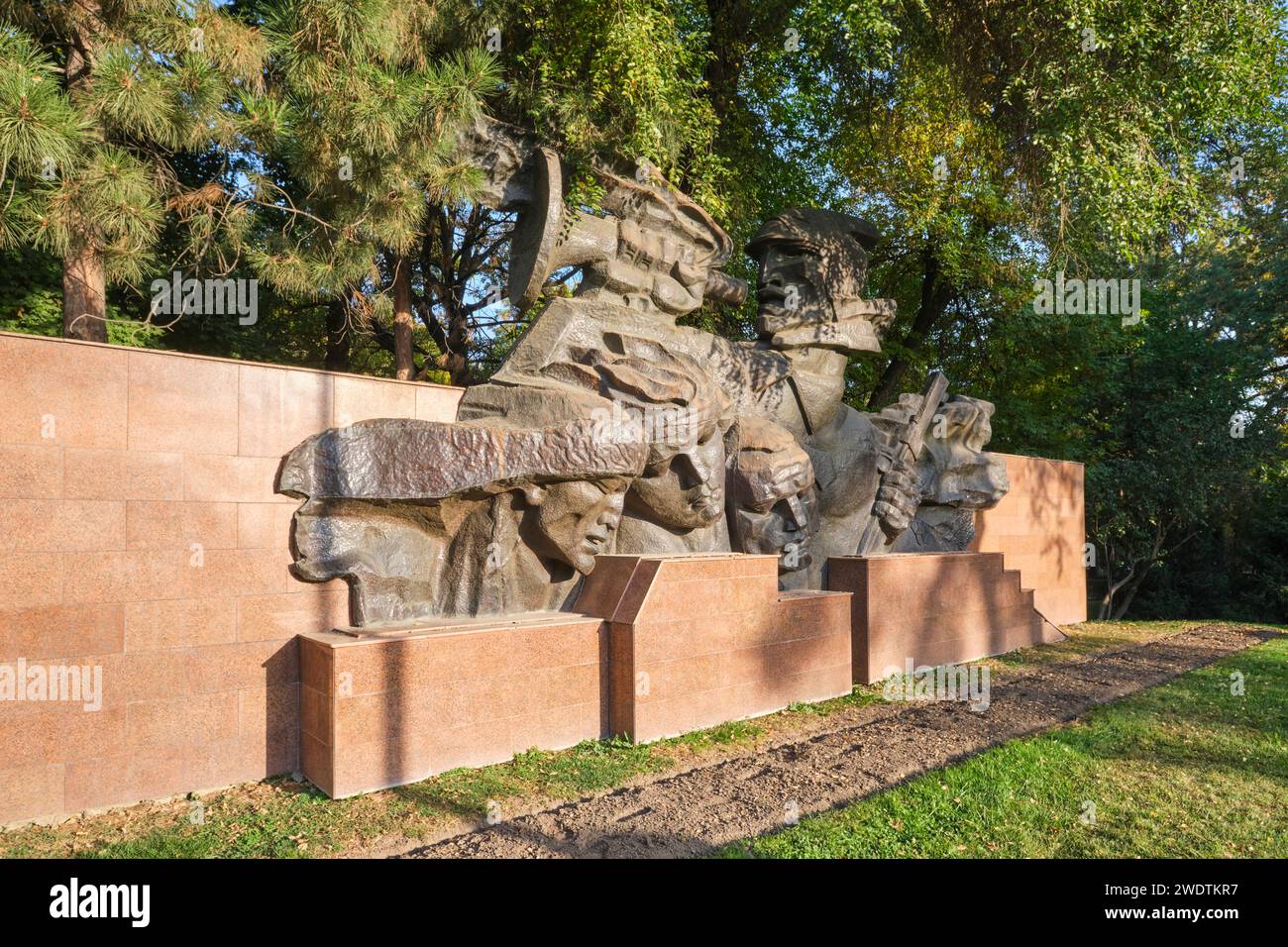 Detail of the right side section, a part titled 'Trumpeting Glory', representing a triumphant life, victory. At the Memorial of Glory in Panfilov park Stock Photo