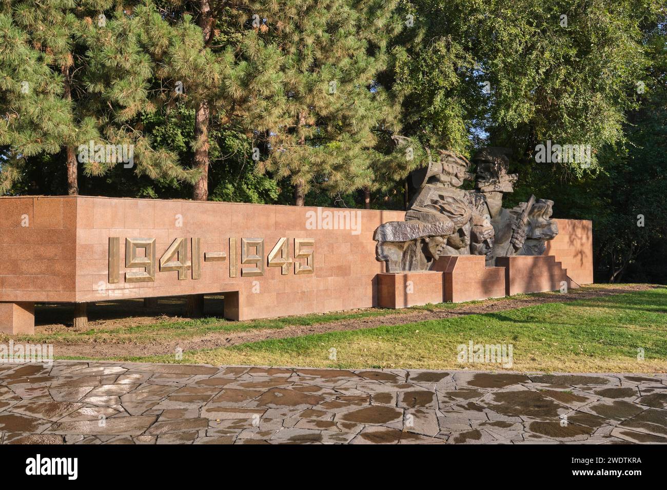 Detail of the right side section, a part titled 'Trumpeting Glory', representing a triumphant life, victory. At the Memorial of Glory in Panfilov park Stock Photo