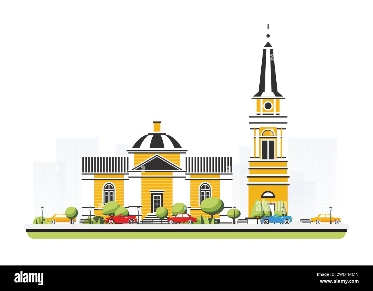 Old church building in flat style with trees and cars. Vector illustration. City scene isolated on white background. Urban architecture. Stock Vector