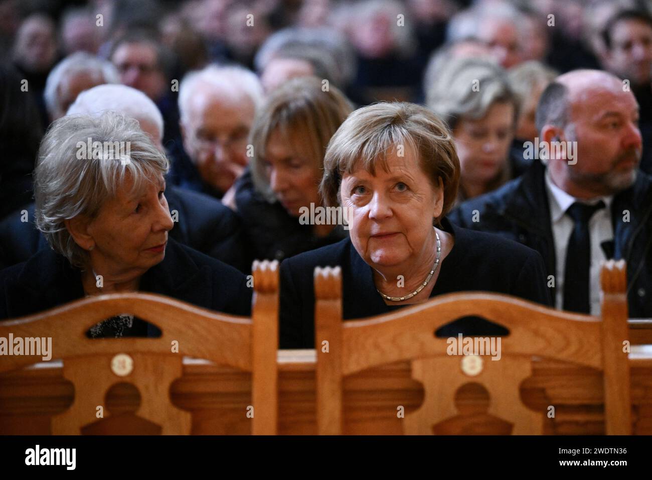 Berlin, Germany. 22nd Jan, 2024. Angela Merkel (CDU), former German Chancellor, sits before the start of the memorial service to mark the act of mourning for Wolfgang Schäuble in Berlin Cathedral. Schäuble died on Boxing Day. He has since been buried in his home town of Offenburg. Credit: Annegret Hilse/Reuters/Pool/dpa/Alamy Live News Stock Photo