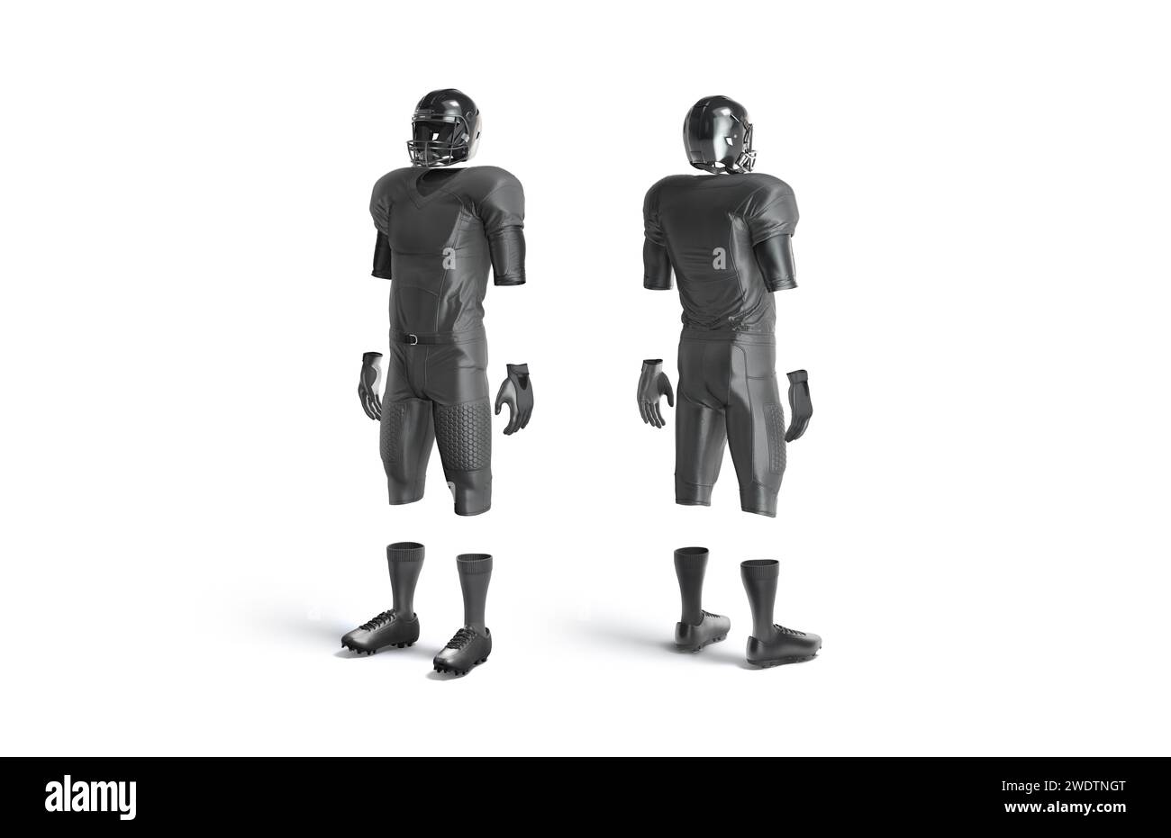 Blank black american football uniform mockup, side and back view, 3d rendering. Empty sporty protect equipment for rugby mock up, isolated. Clear suit Stock Photo