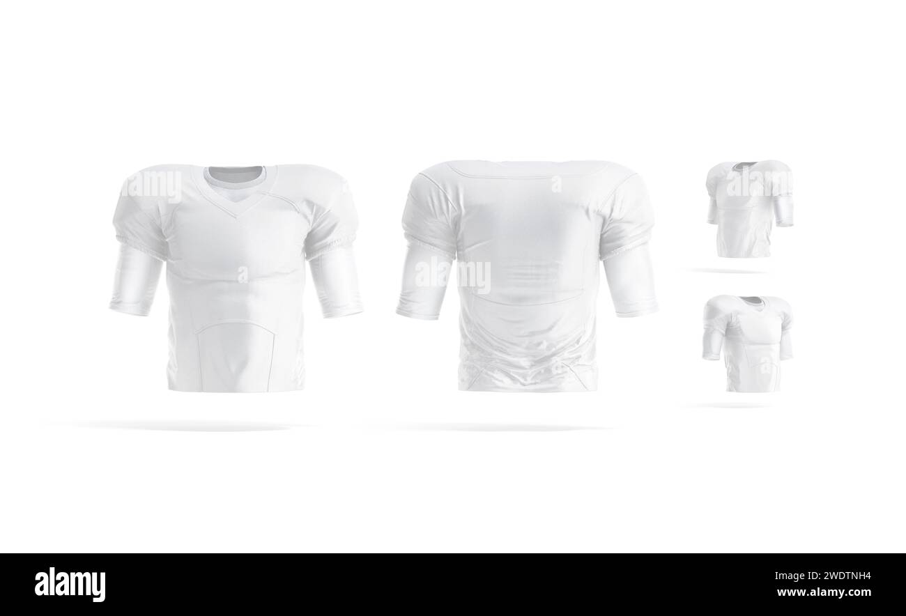 Blank white american football jersey mockup, different views, 3d rendering. Empty protective armour tee-shirt for sporty league mock up, isolated. Cle Stock Photo