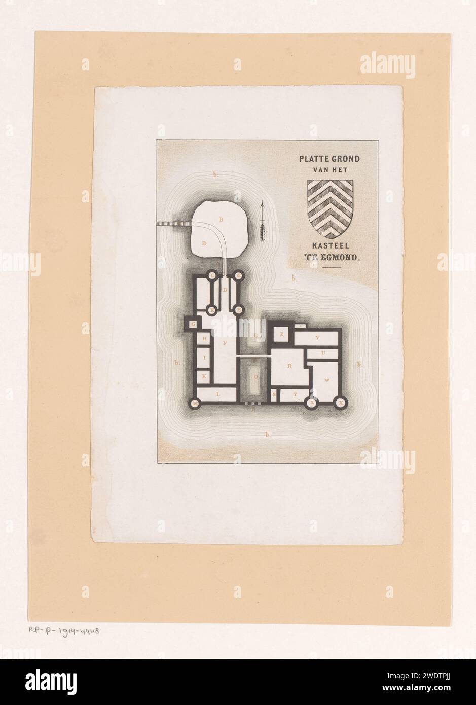 Map of the Castle in Egmond, Anonymous, Royal Dutch Stone Pressure of C.W. Mieling (attributed to), 1854 - 1861 print There are letters in the map. On the right a coat of arms. The Hague paper  plan  architecture. castle Egmond Stock Photo
