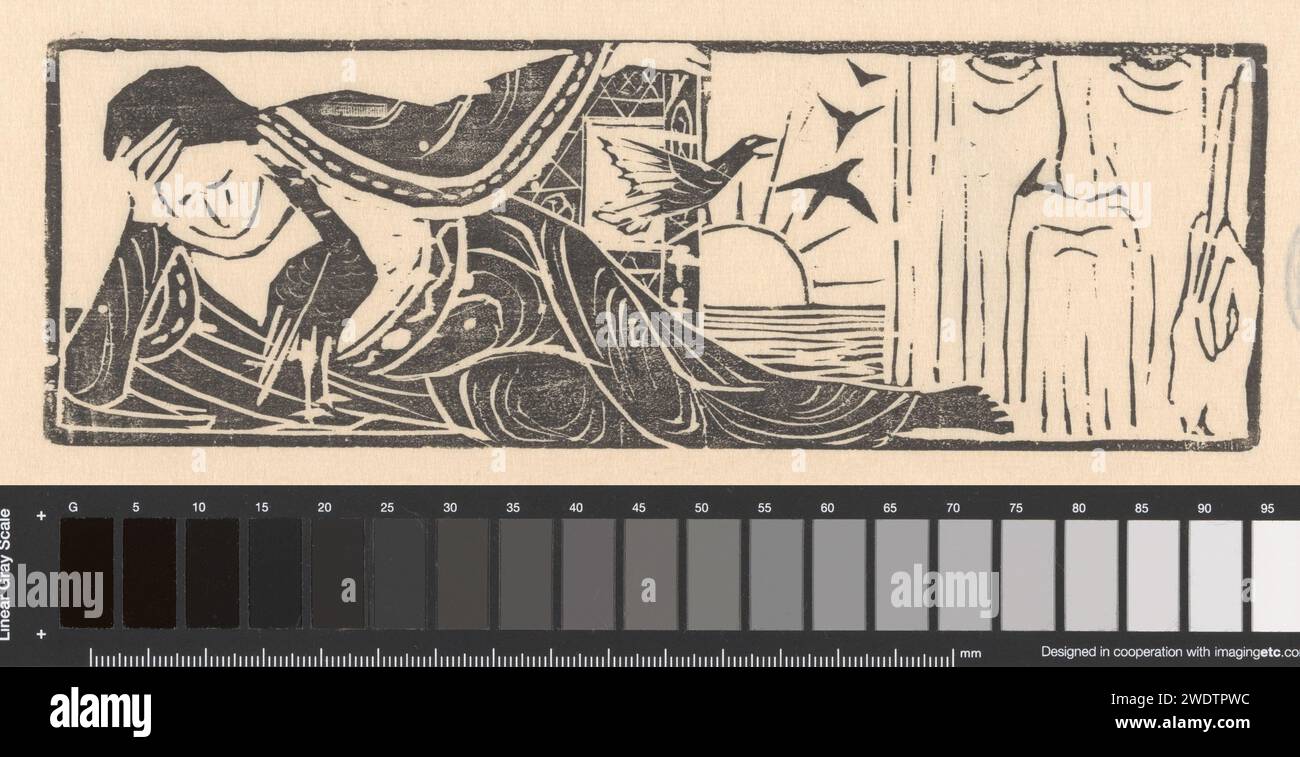 Lying figure with birds, Mathieu Lauweriks, 1935 print A figure lies on ...