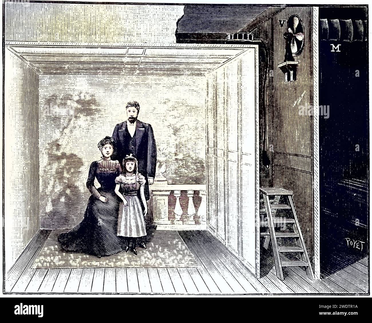Boyers Fotostudio, ein hölzernes Gerüst mit darüber gespanntem, gazeartigem Material. Dies erzeugte ein gleichmäßig gestreutes Licht, wenn der Magnesiumblitz oben rechts auf dem Gerüst durch Drücken des Knopfes an der Glühbirne am Ende des Drahtes ausgelöst wurde. Aus La Nature, Paris, 1899. Kupferstich., Historisch, digital restaurierte Reproduktion von einer Vorlage aus dem 19. Jahrhundert, Record date not stated Stock Photo