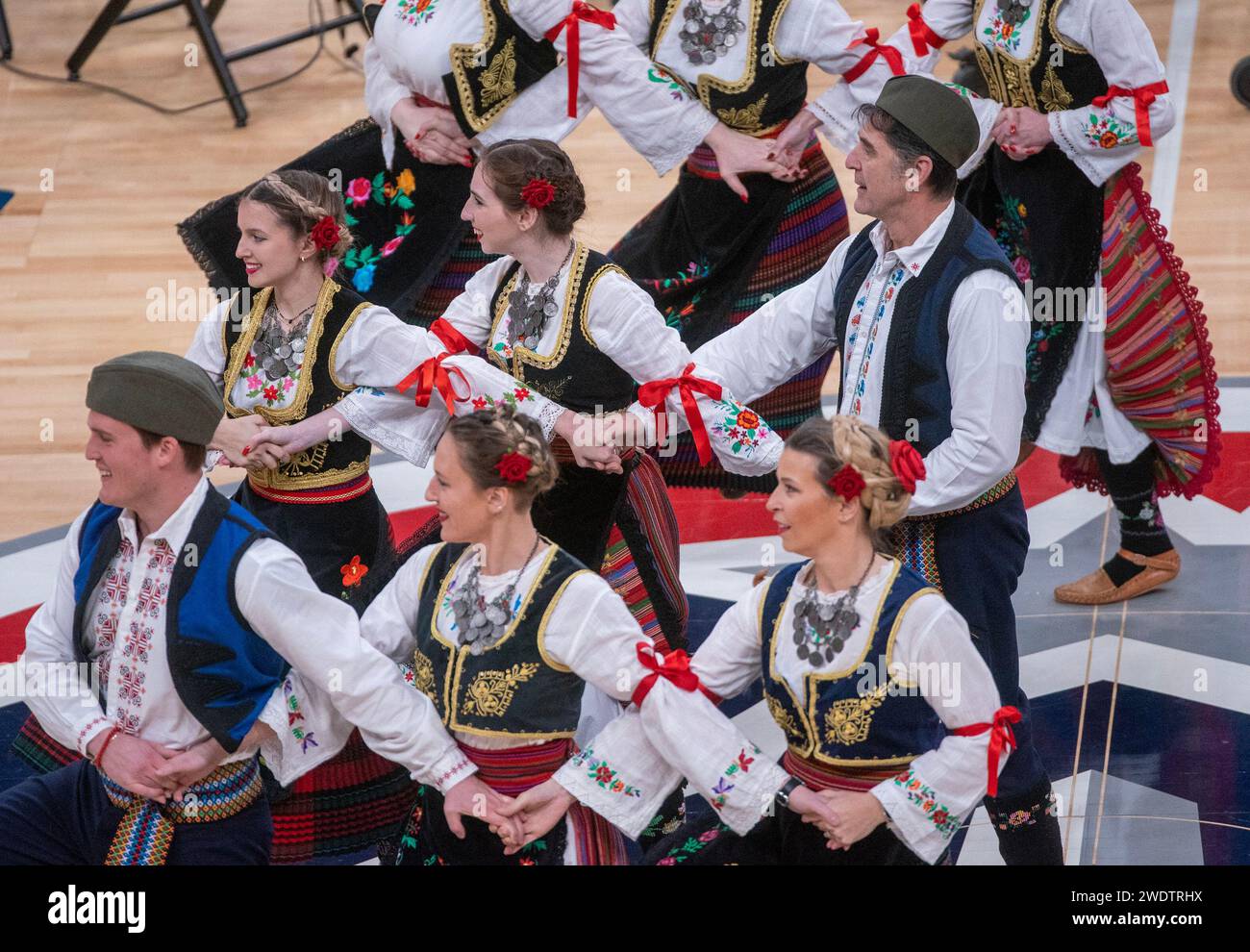 Slovakian folk dancers perform before a pro basketball game in
