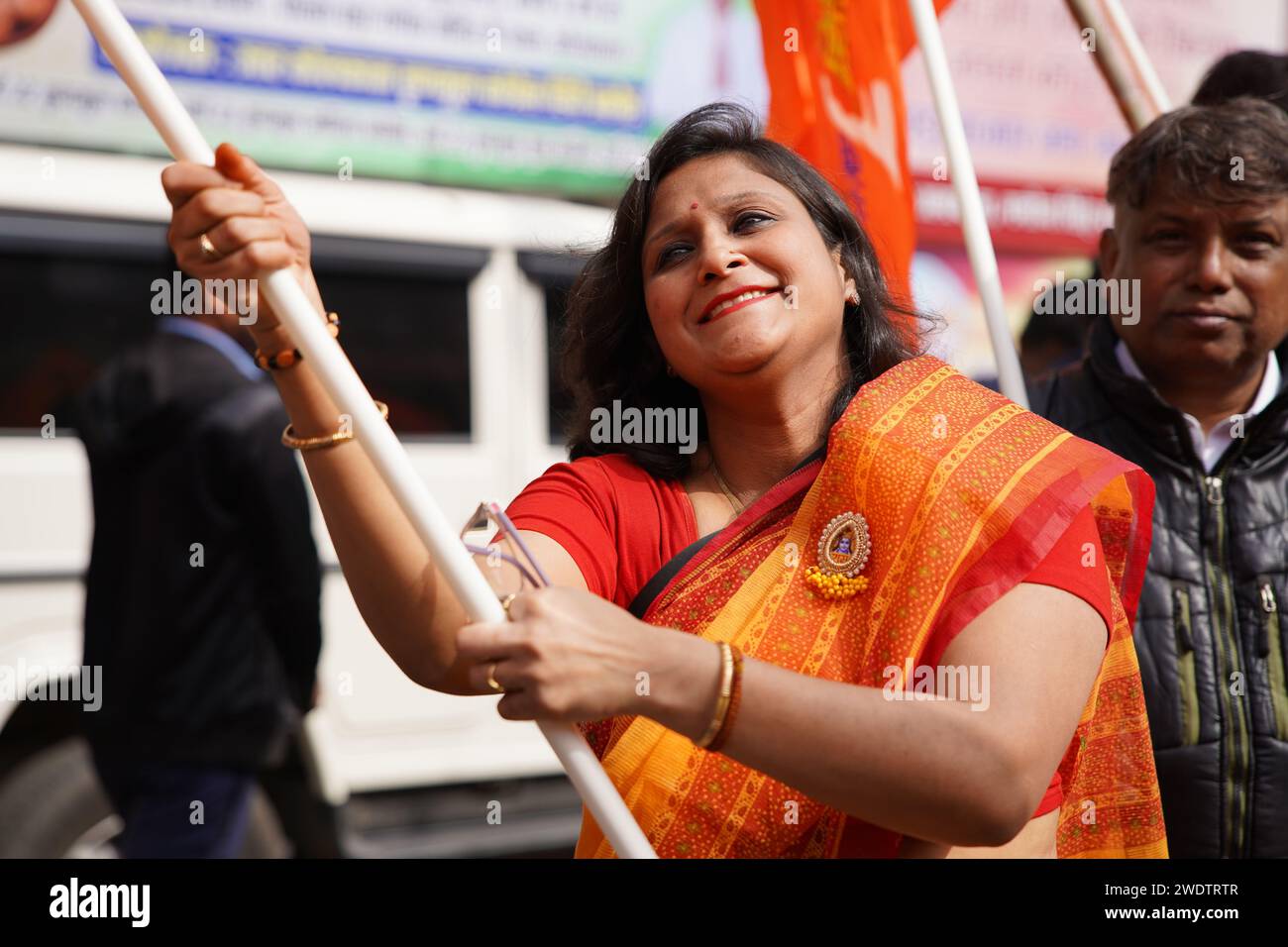 Kolkata, West Bengal, India. Kolkata, West Bengal, India. 22nd Jan, 2024. In a burst of color and festivity, Kolkata witnessed a lively rally celebrating the inauguration of the Ram Mandir in Ayodhya and the Pran Pratishtha of Shri Ram Murti by Indian Prime Minister Narendra Modi. The streets of the city were filled with thousands of participants, led by Shubhendu Adhikari, the Leader of Opposition in the Government of West Bengal. Credit: ZUMA Press, Inc./Alamy Live News Stock Photo