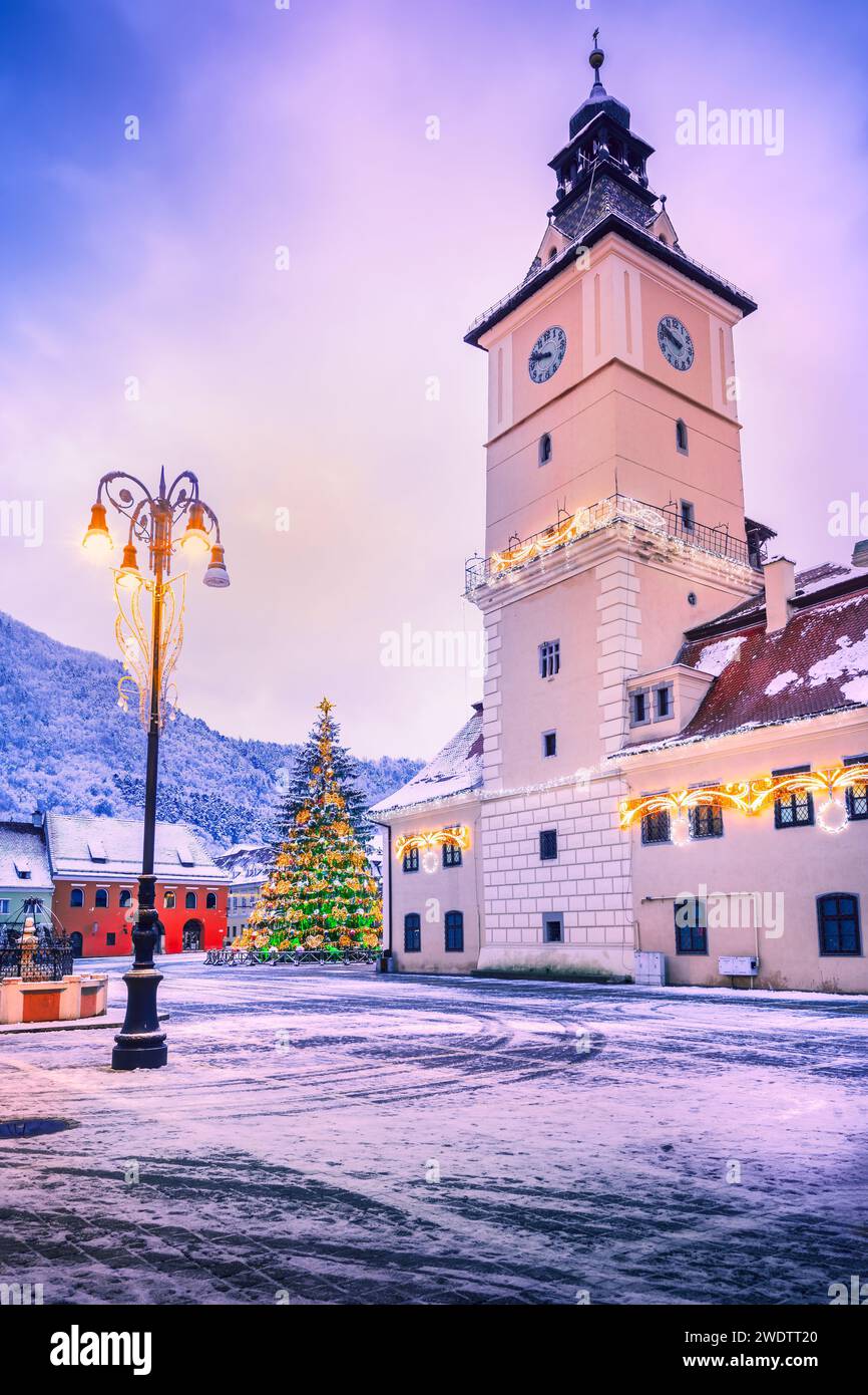 Brasov, Romania. Snowy scenic Main Square and the Christmas Tree, winter holidays in Transylvania. Stock Photo