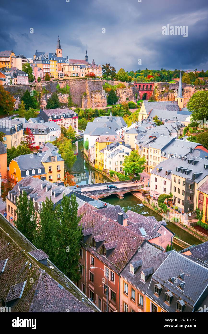 Luxembourg, cloudy day aerial cityscape, Alzette River and Grund district, beautiful Europe country. Stock Photo
