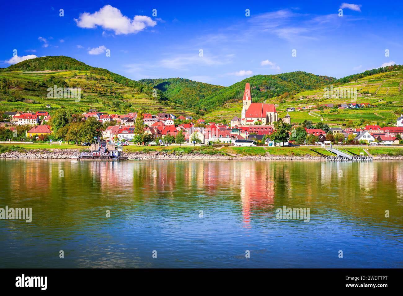 Weissenkirchen, Austria. Wachau Valley on Danube River, autumn colored leaves and vineyards on a sunny day. Stock Photo