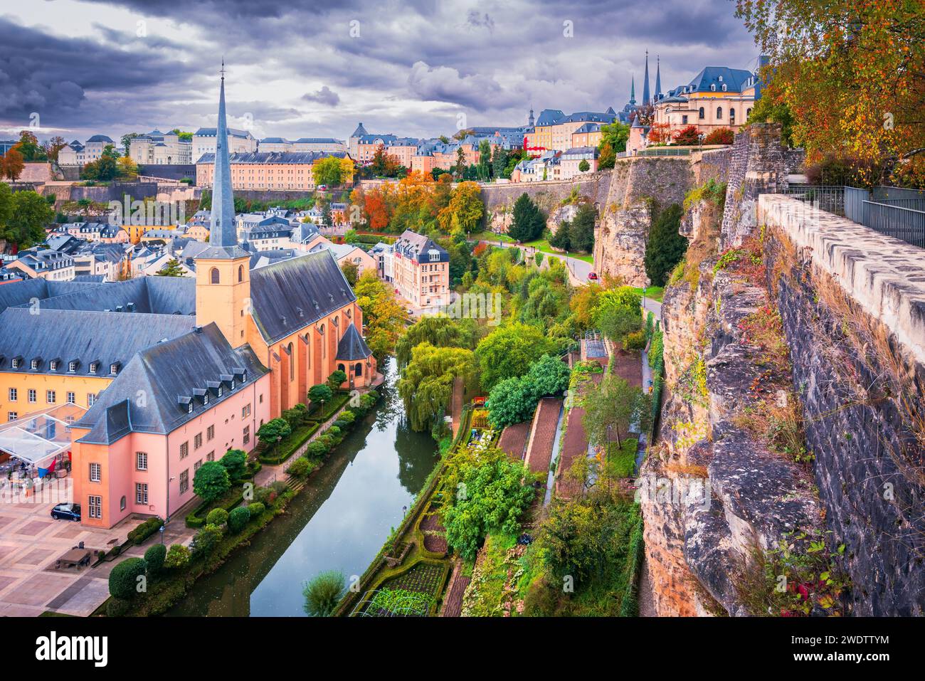Luxembourg, Luxemburg. Alzette River and Grund district, beautiful small european country, cloudy day landscape. Stock Photo