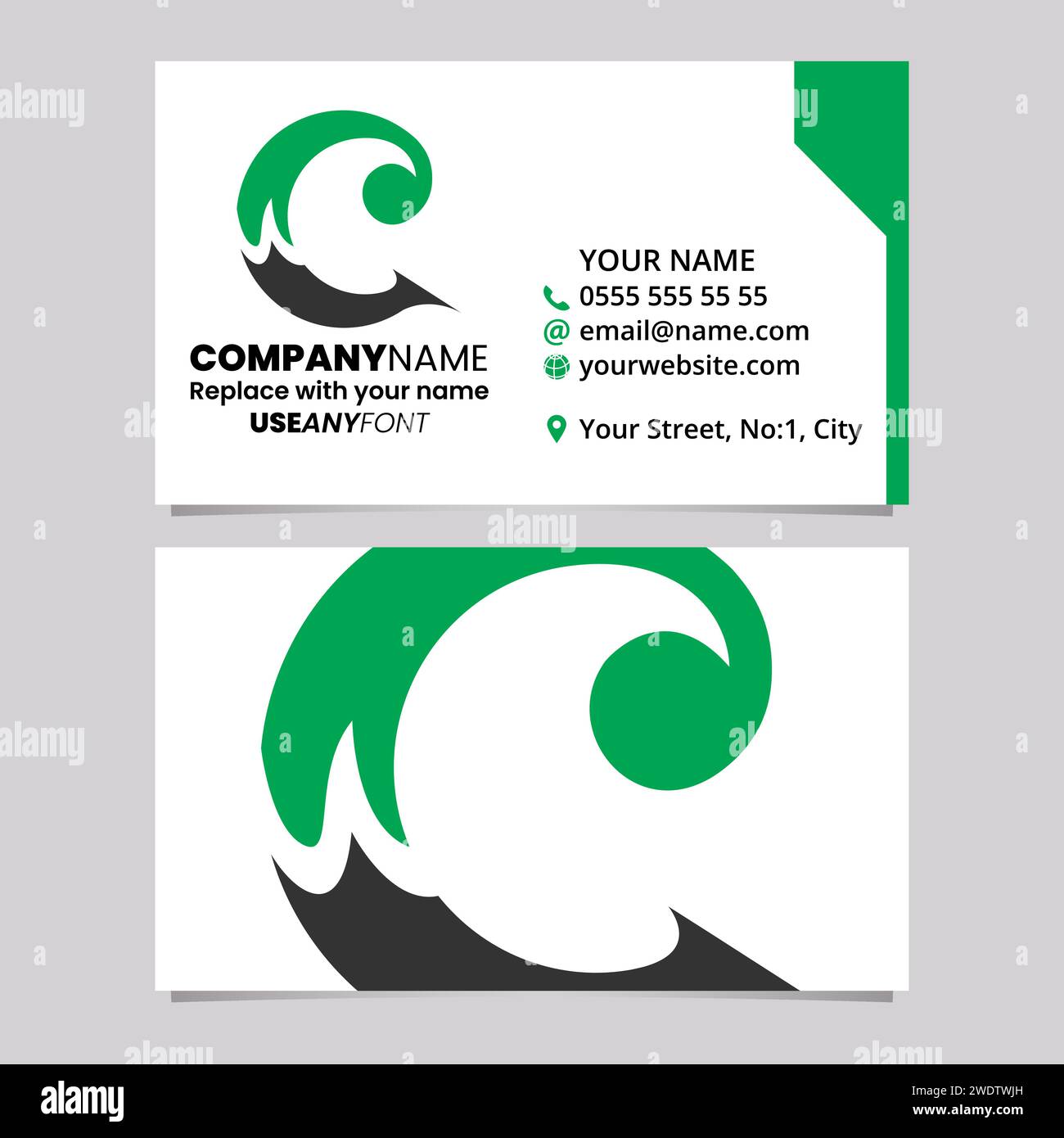Green and Black Business Card Template with Round Curly Letter C Logo Icon Over a Light Grey Background Stock Vector