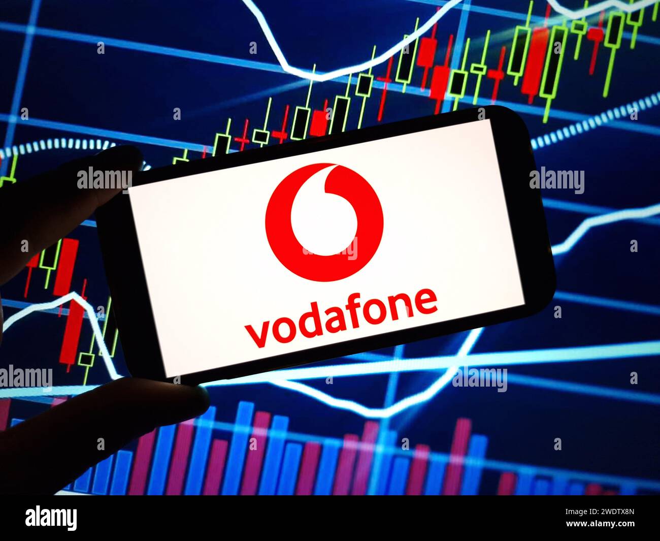 Konskie, Poland - January 21, 2024: Vodafone company logo displayed on mobile phone screen Stock Photo