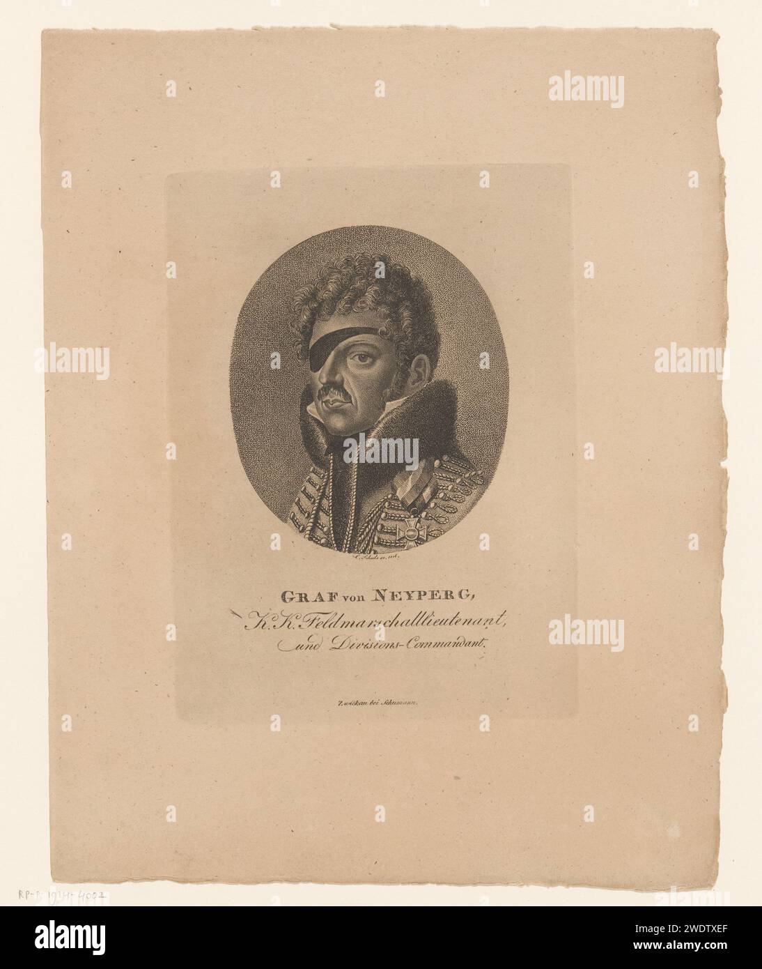 Graf von Neyperg, Christian School, 1816 print Portrait of Count Adam Albert von Neipperg, Austrian General. Zwickau paper etching historical persons. commander-in-chief, general, marshal Stock Photo