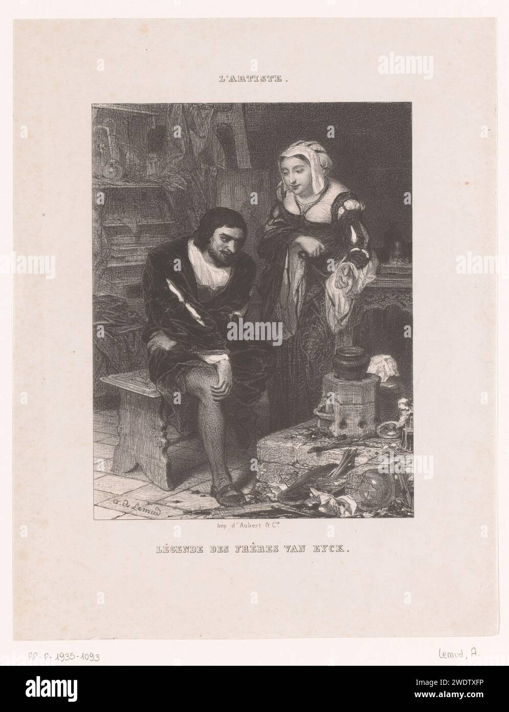 Jan van Eyck as an inventor of the oil paint, Aimé de Lemud, 1838 print