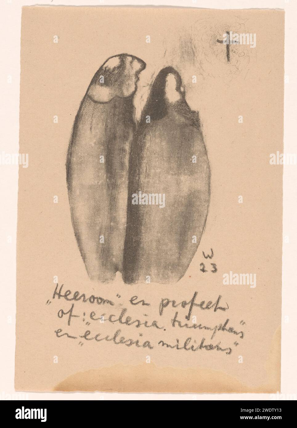 Two figures looking at a cross, Erich Wichmann, 1923 print Onderaan de Tekst: ''Heeroom' in the Profete of: 'Church triumphant' in 'church militant'.  paper  caricatures (human types). organization, functionaries and dignitaries in Roman Catholic church; clergy in general Stock Photo