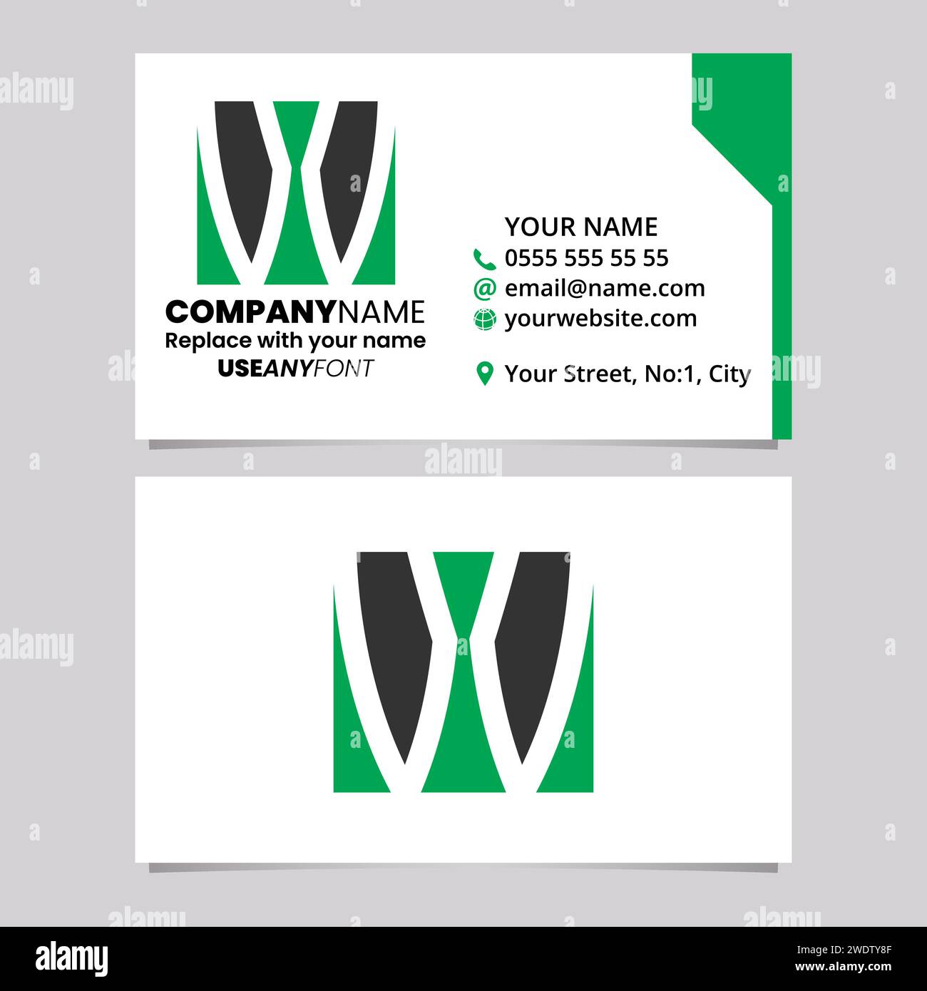 Green and Black Business Card Template with Square Letter W Logo Icon Over a Light Grey Background Stock Vector