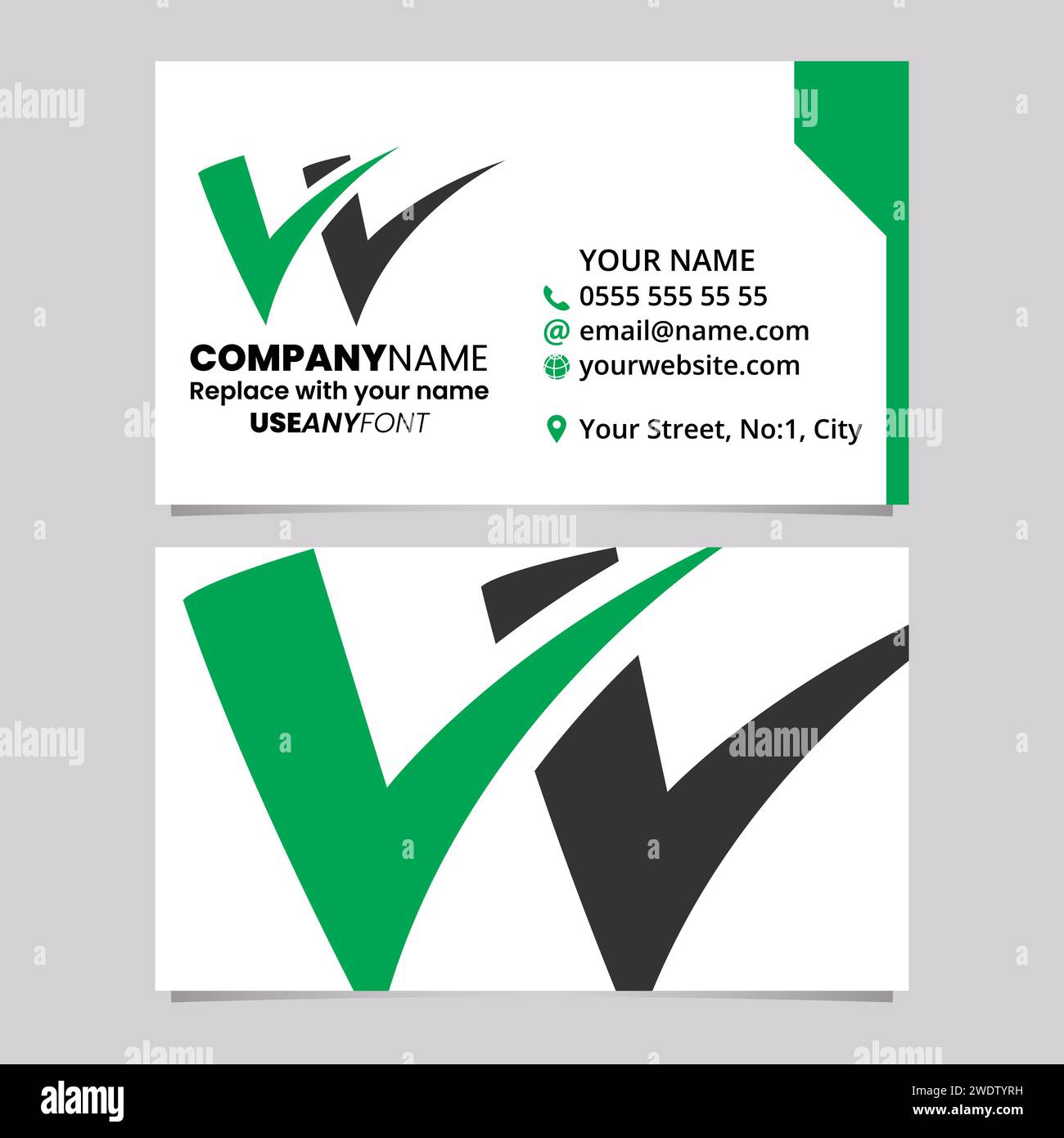 Green and Black Business Card Template with Tick Shaped Letter W Logo Icon Over a Light Grey Background Stock Vector