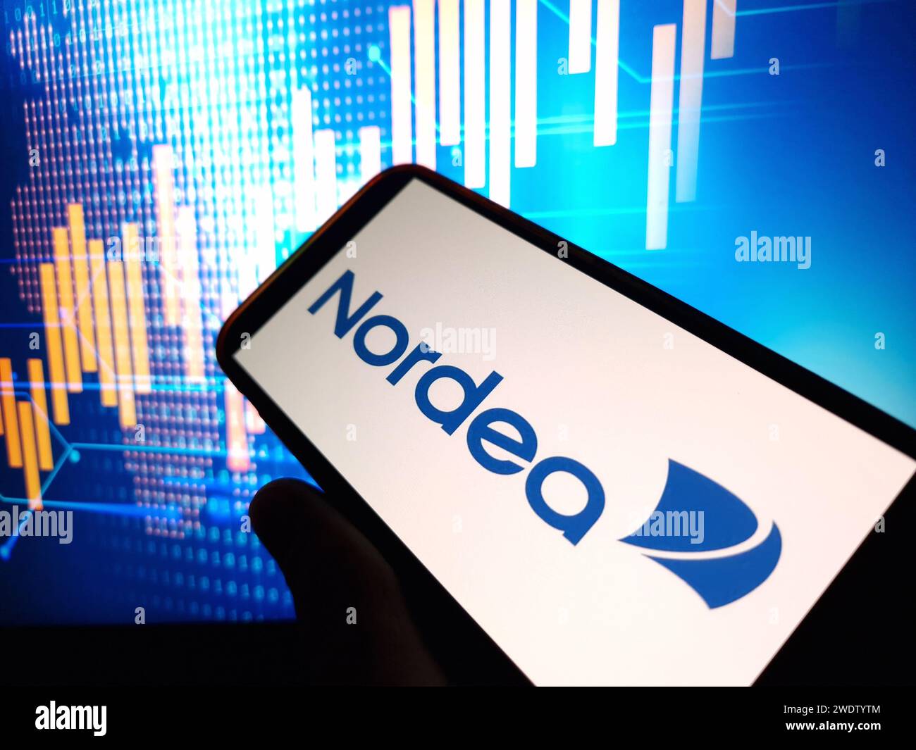 Konskie, Poland - January 21, 2024: Nordea Bank company logo displayed on mobile phone screen Stock Photo