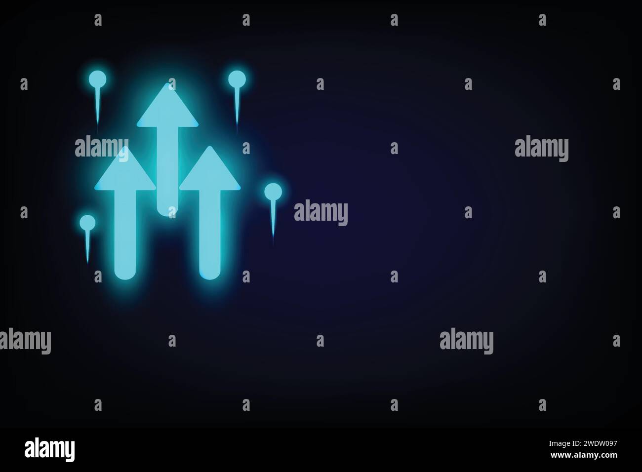 Futuristic blue glowing raised tripleup arrow chart digital on dark background with neon lights