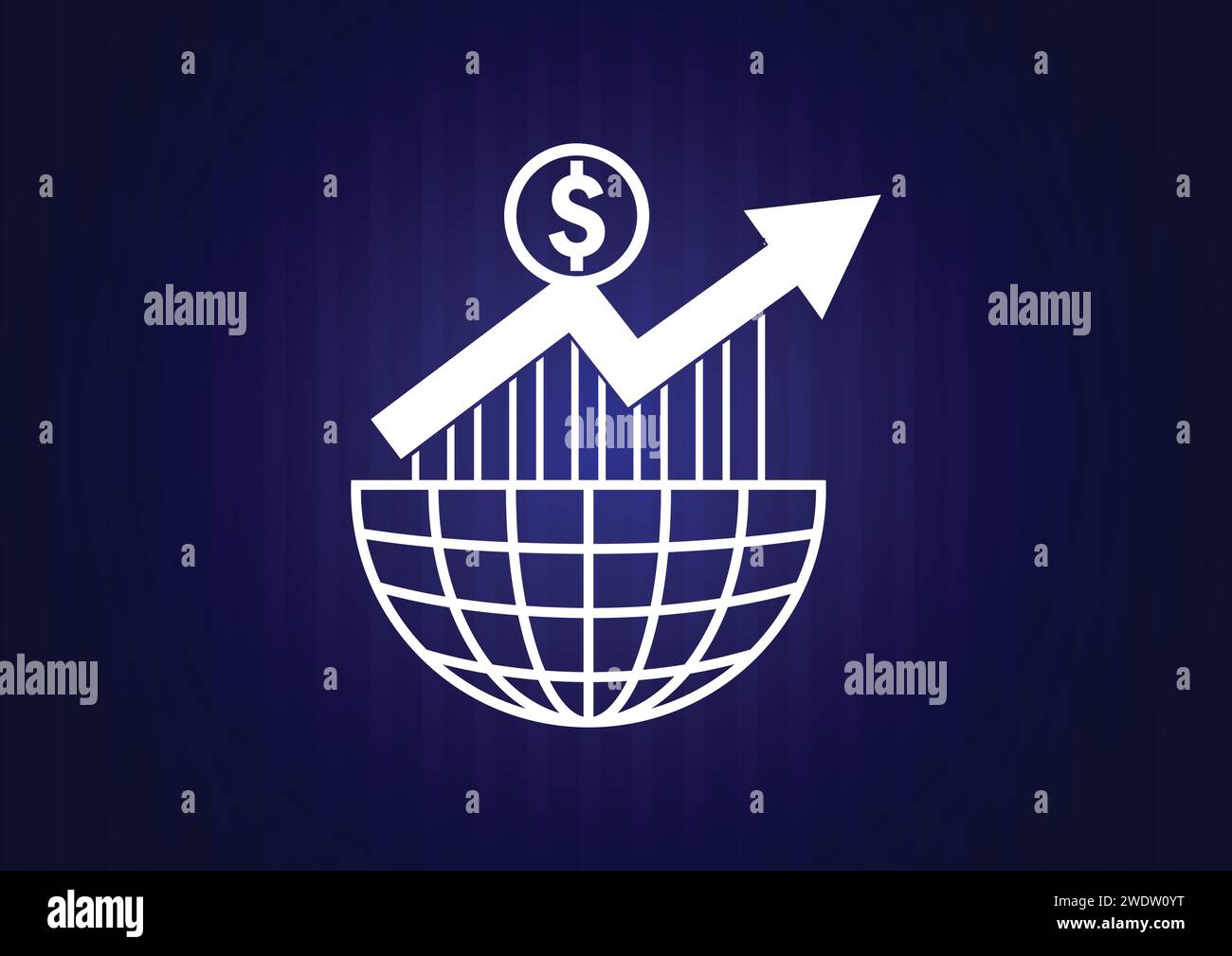 Global increase money growth icon graph with world map and dollar symbol on a blue background. Vector illustration Stock Vector
