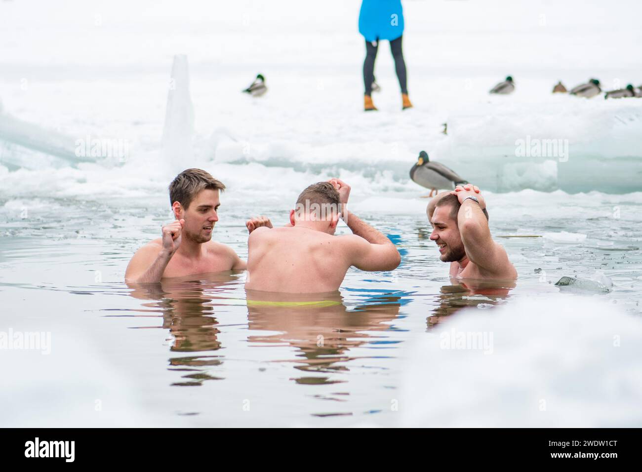 Group of boys or men ice bathing in the freezing cold water of a frozen ...