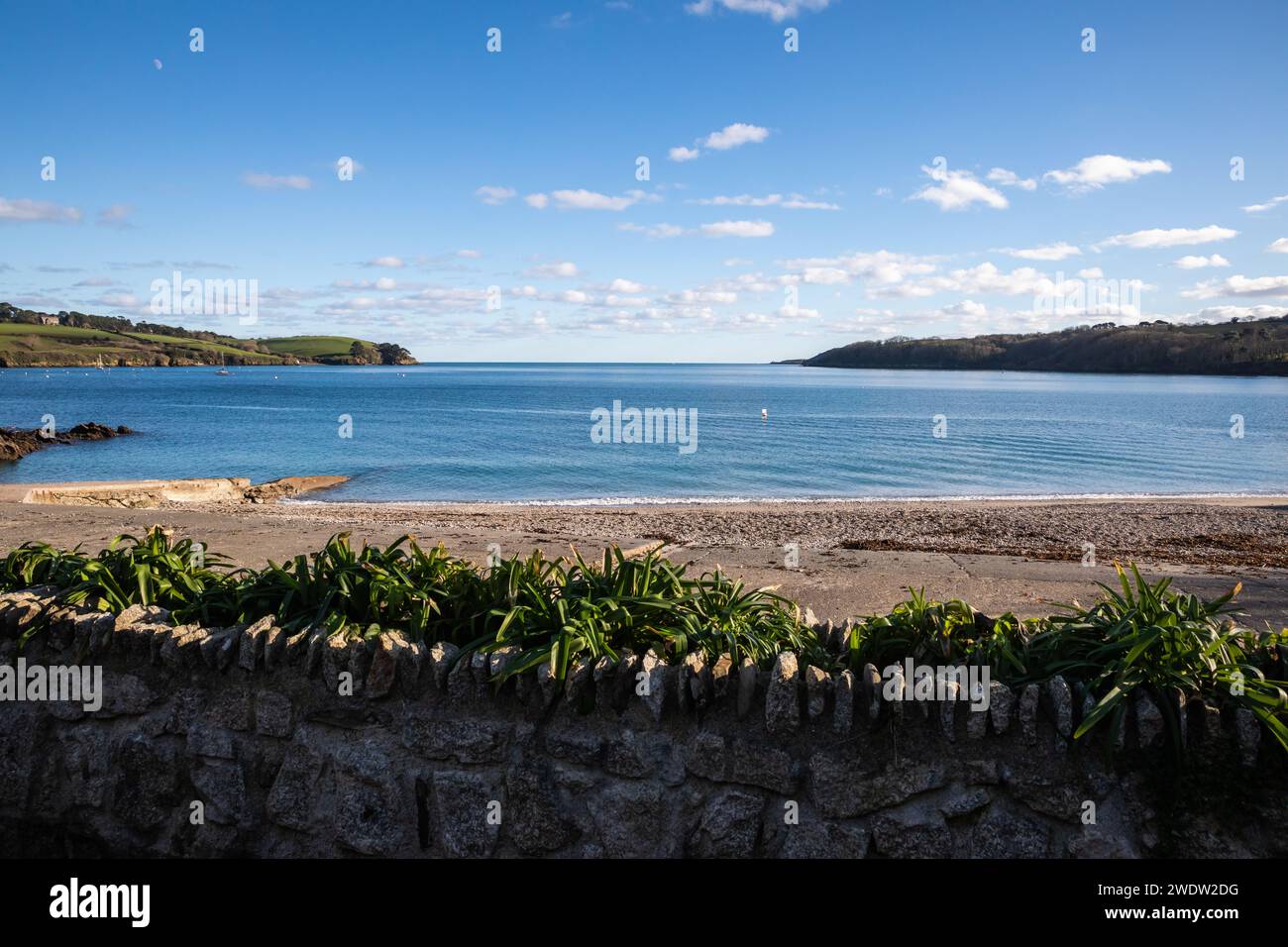 A view of the sea on a Sunny Winter's Day from Trebah Garden in Cornwall Stock Photo