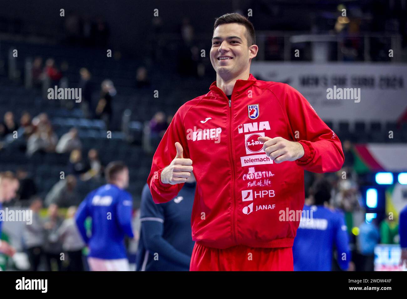 Cologne, Germany. 22nd Jan, 2024. COLOGNE, GERMANY - JANUARY 22: Mateo Maras of Croatia warms up prior the Men's EHF Euro 2024 main round match between Croatia and Iceland at Lanxess Arena on January 22, 2024 in Cologne, Germany. Photo: Sanjin Strukic/PIXSELL Credit: Pixsell/Alamy Live News Stock Photo