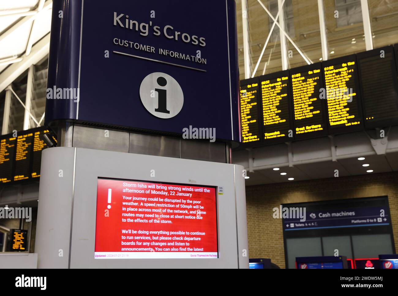 Storm Isha is bringing chaos across the UK, with many travel services cancelled or delayed, here at Kings Cross, north London, UK Stock Photo