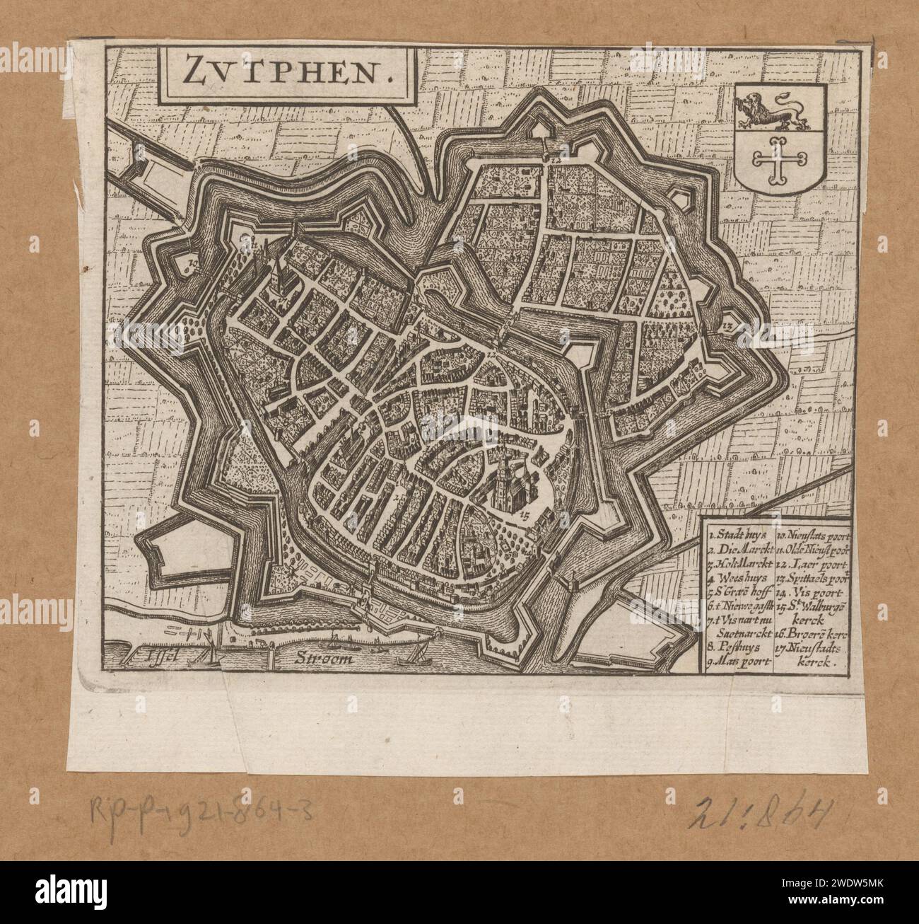 Map of Zutphen, Anonymous, 1652 print At the top right the city coat of ...