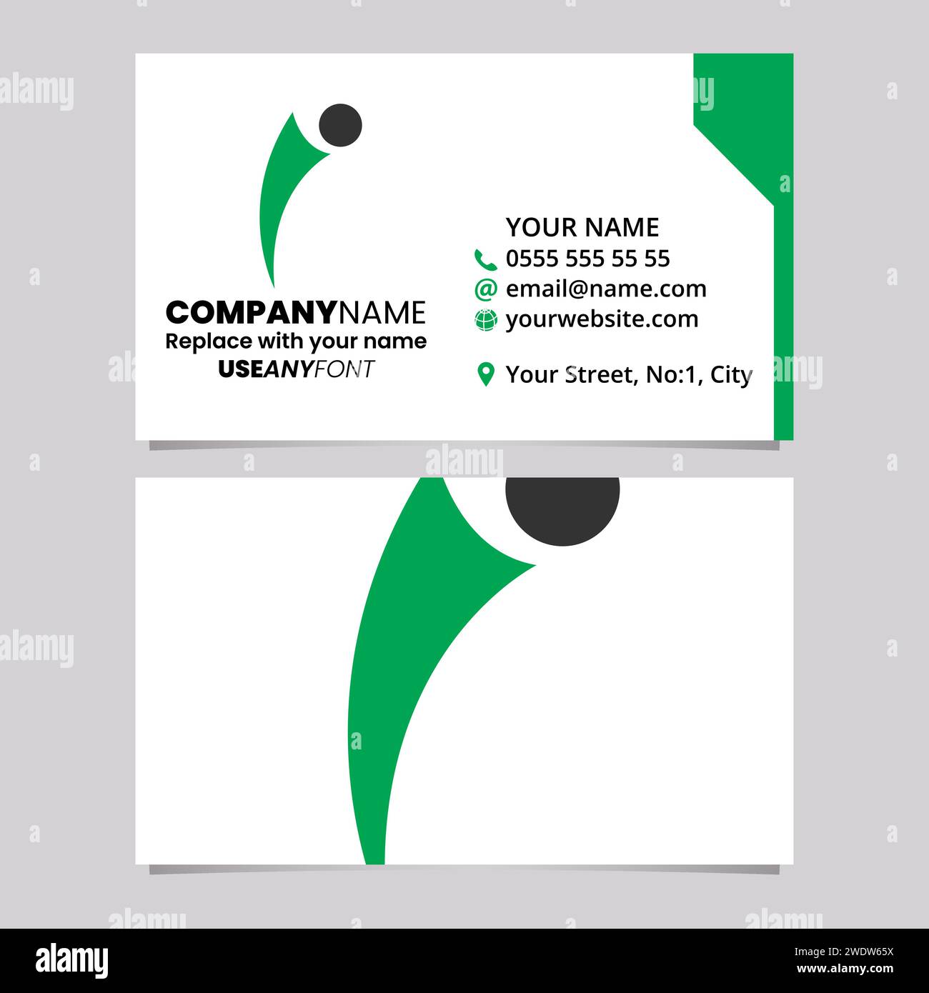 Green and Black Business Card Template with Bowing Person Shaped Letter I Logo Icon Over a Light Grey Background Stock Vector