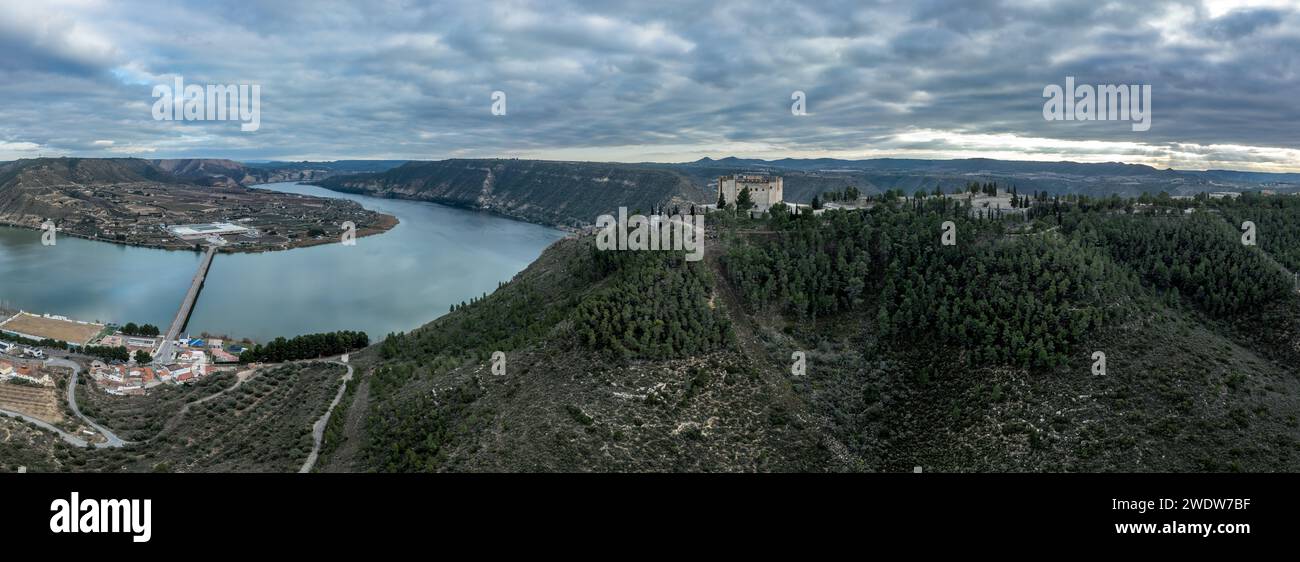 Aerial view of Mequinenza at the confluence of the Ebro between the Mequinenza Dam and Riba-roja reservoir. Fortification with angled bastions Stock Photo