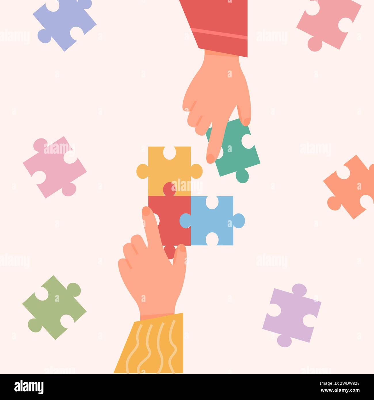 People assembling jigsaw puzzle. Concept of manual activity. Friends pastime. Autistic kids