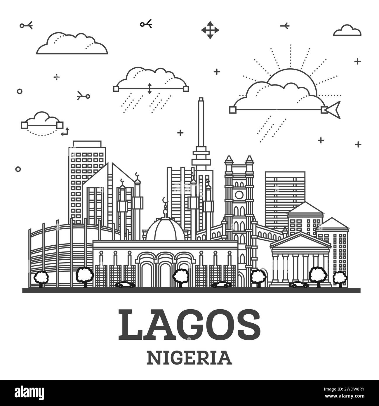 Outline Lagos Nigeria City Skyline with Modern Buildings Isolated on White. Vector Illustration. Lagos Cityscape with Landmarks. Stock Vector