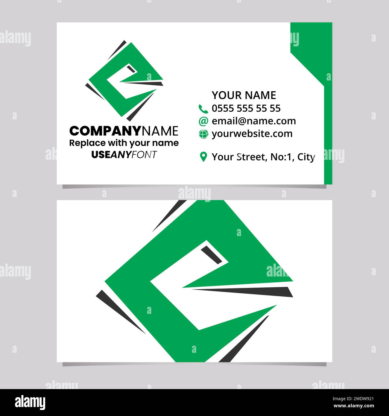 Green and Black Business Card Template with Square Diamond Letter E Logo Icon Over a Light Grey Background Stock Vector