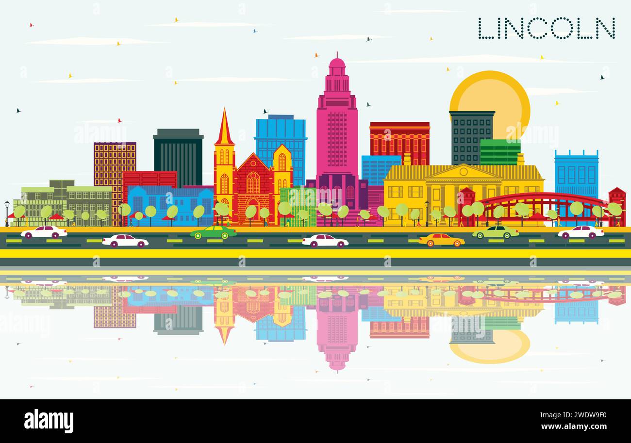 Lincoln Nebraska City Skyline with Color Buildings, Blue Sky and