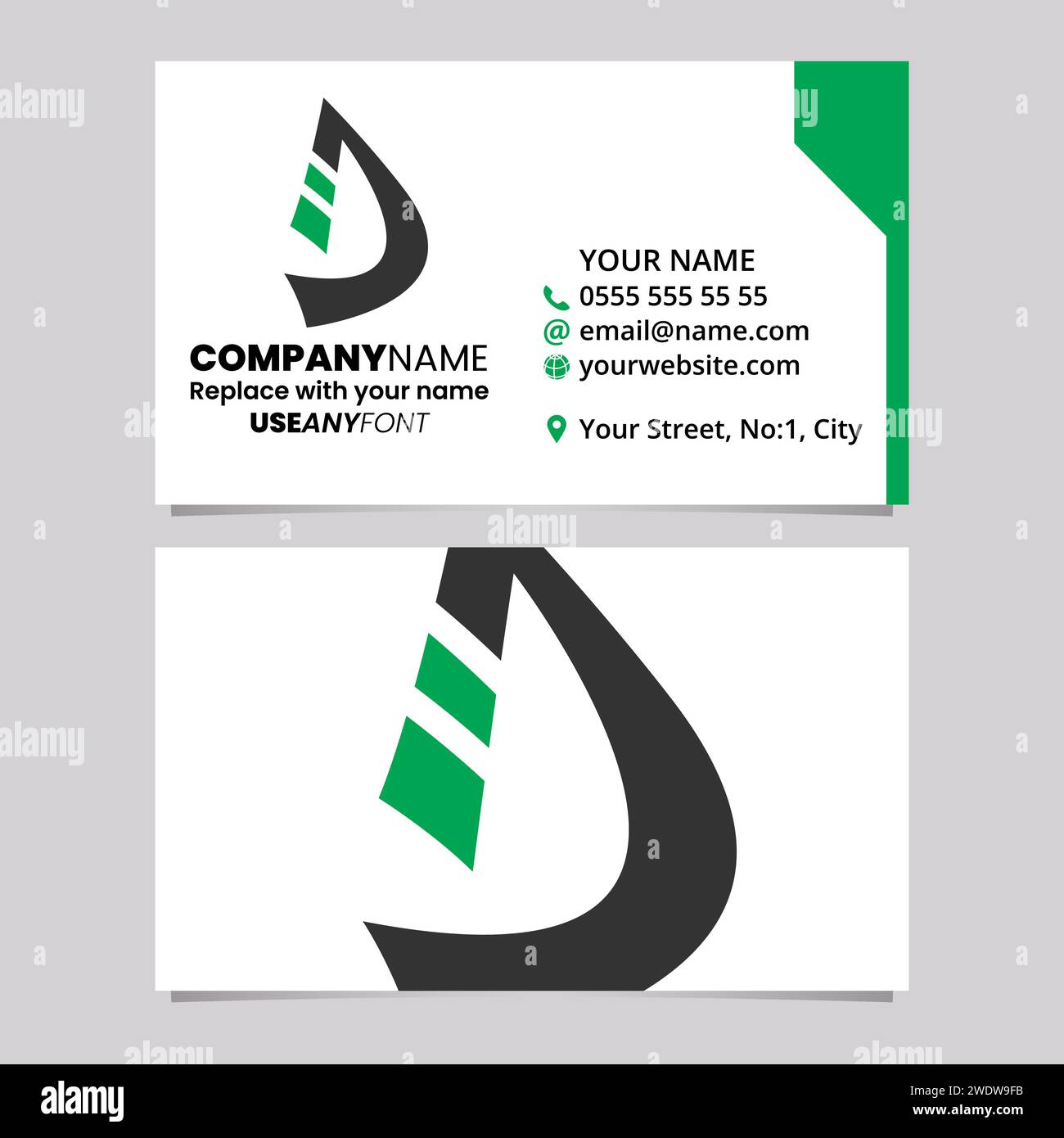 Green and Black Business Card Template with Striped Letter D Logo Icon Over a Light Grey Background Stock Vector