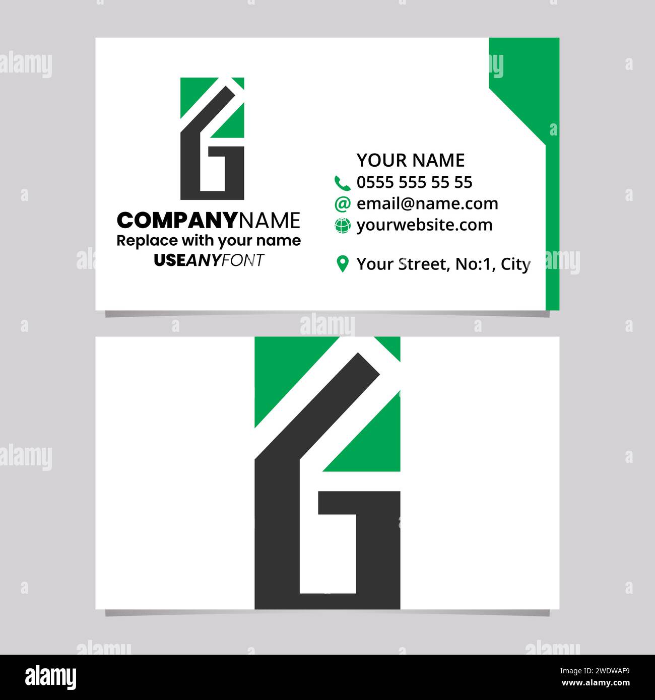 Green and Black Business Card Template with Rectangular Letter G Logo ...