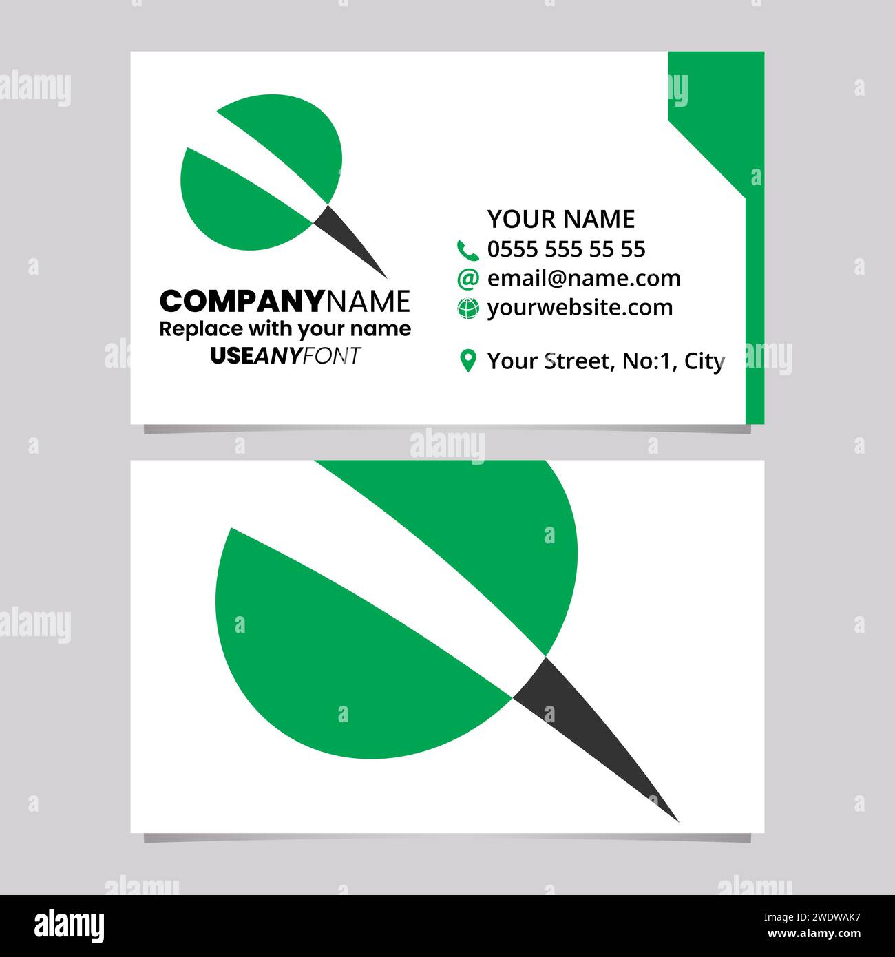 Green and Black Business Card Template with Screw Shaped Letter Q Logo Icon Over a Light Grey Background Stock Vector