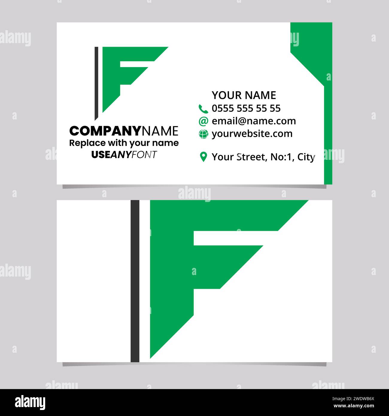 Green and Black Business Card Template with Triangular Letter F Logo Icon Over a Light Grey Background Stock Vector