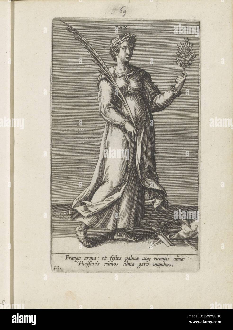 Vrede, Philips Galle, c. 1585 - C. 1590 print Standing woman with a laurel wreath on her head. In her left hand she holds an olive branch, a palm branch in her right hand. The olive branch is a symbol for peace, the palm branch of victory. Under the show two lines of text in Latin. The print is part of an album. print maker: AntwerpSouthern Netherlands paper engraving Pax as Roman personification Stock Photo
