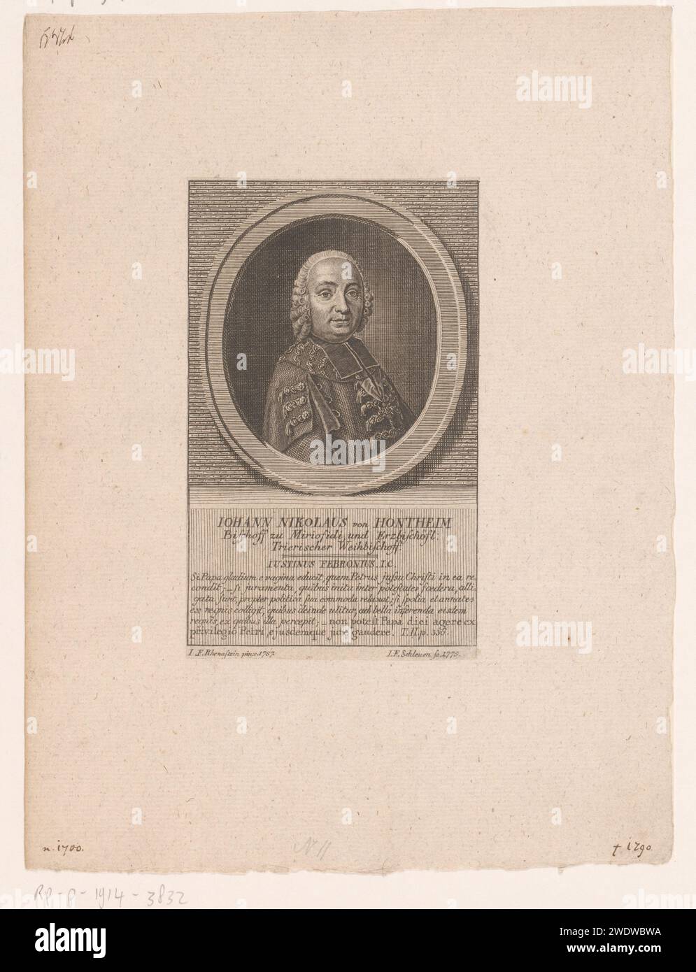 Portrait van Nikolaus von Hontheim, Johann Friedrich Schleuen, After J