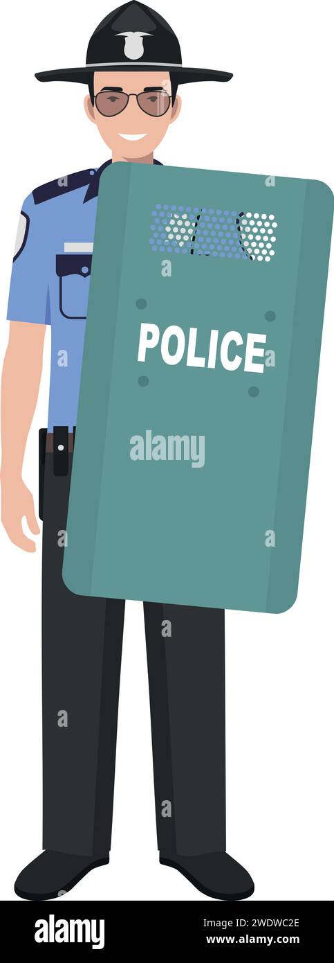 Standing American Policeman Sheriff Officer with Metal Protective Shield in Traditional Uniform Character Icon in Flat Style. Stock Vector